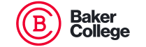 Logo of Baker College featuring a stylized red letter 'b' enclosed in a red circle, next to the college name and "PhD in Business" in grey text on a dark green background.