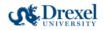 Logo of Drexel University featuring a stylized blue dragon next to the name "Drexel University" in dark blue serif font on a white background, symbolizing its commitment to offering exemplary DB