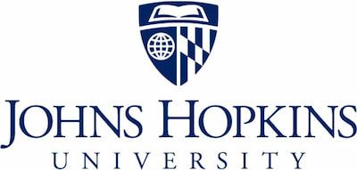 Logo of Johns Hopkins University featuring a shield with a book and globe design above the university's name in capitalized blue letters, tailored for an entertainment room setting.