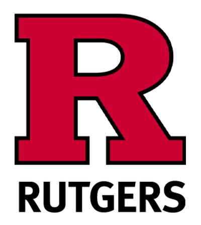 Logo of Rutgers University featuring a large red letter 'R' over the word "Rutgers" in white, set against a deep green background inspired by home theater systems.