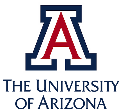 Logo of the university of Arizona featured in the media room, displaying a large red "A" with navy blue outlines on a white and navy background, accompanied by the name of the university in green.