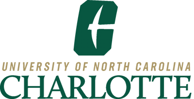 Logo of the University of North Carolina at Charlotte featuring a stylized green "C" with the full name of the university beneath in gray text, designed for media room settings.