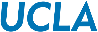The logo of UCLA (University of California, Los Angeles) in blue letters on a green background, symbolizing its media room design.