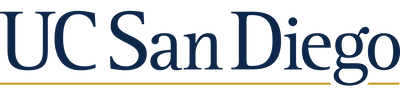 Logo of UC San Diego optimized for an entertainment room, featuring stylized text "UC San Diego" in dark blue with a green and a gold horizontal line underneath.