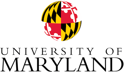 Logo of the university of Maryland featuring a globe with a red, black, gold, and white design, paired with the name "University of Maryland" in red serif letters on a green background optimized for
