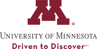 Logo of the University of Minnesota featuring a maroon block 'M' above the text "University of Minnesota" and the slogan "Driven to Discover" in a media room design.