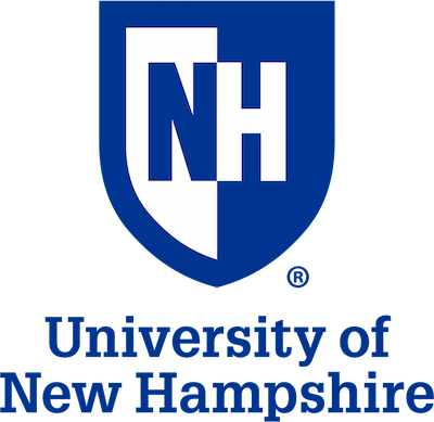 Logo of the university of new hampshire featuring a navy blue shield with the white letters 'nh' on a green background with the university name encircling the shield in a style reminiscent of media