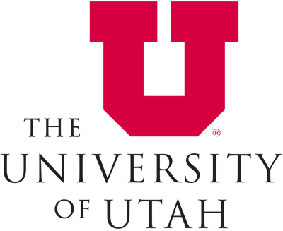 The logo of the University of Utah, featuring a large red block "U" above the capitalized words "the university of utah" in white, set on an entertainment space-themed background.