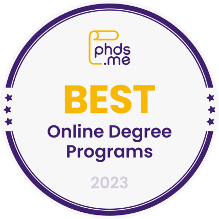 Badge design reading "best online degree programs 2023" with a badge icon inside a purple and white circular frame, representing media room design, and the website "phds.me" at the top