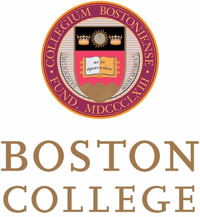 Logo of Boston College featuring a circular crest with a Latin motto and an audio-visual equipment design, accented by sunbursts at the top, overlaid on an emblem with a maroon and