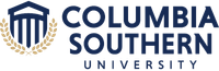Columbia Southern University logo featuring a navy blue and gold emblem with stylized columns and a laurel wreath on the left, next to the text "Columbia Southern University" in blue capital letters on the right.