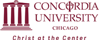 Logo of Concordia University Chicago. It depicts a maroon-colored classical column structure with decorative elements and the text "Concordia University Chicago" alongside a cross. Below it reads "Christ at the Center." The design embodies pride and unity, much like the spirit in sports.