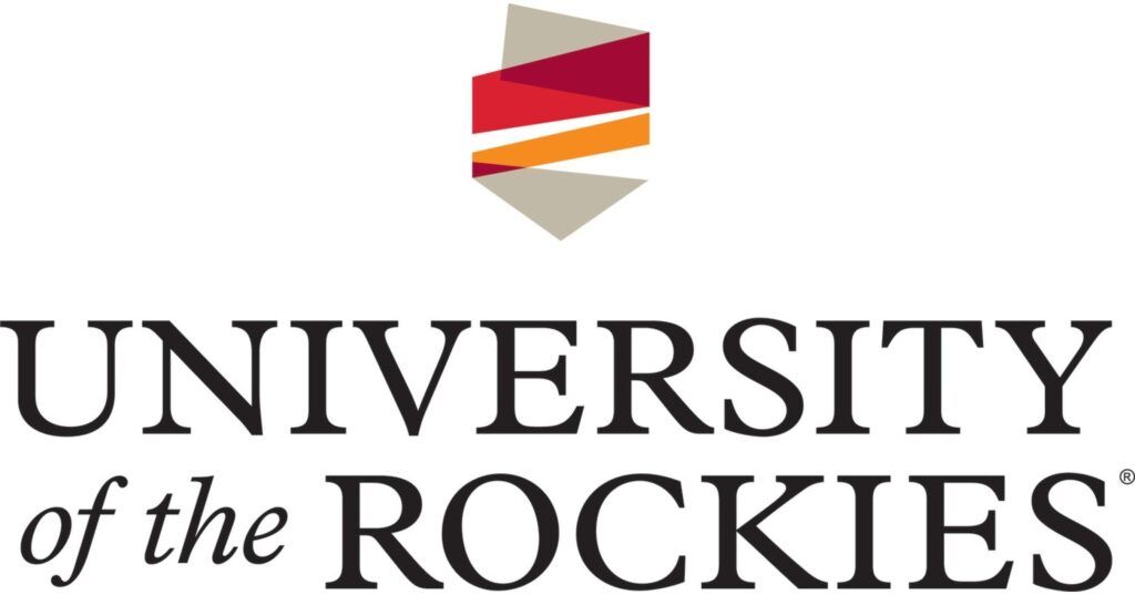 The image features the logo of the University of the Rockies, renowned for its Psychology programs. It includes a geometric design with red, orange, and beige shapes above the text "University of the Rockies" written in a bold, serif font.