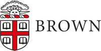 The image displays the Brown University logo, which features a heraldic shield with a red cross and four open books on a white background, topped by a sun emerging from clouds. To the right of the shield is the word "BROWN" in black uppercase letters.