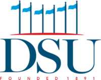The image is a logo featuring the acronym "DSU" in large blue letters, with the founding year "Founded 1881" underneath. Above the letters are five blue flags on flagpoles, set against a red horizontal line.