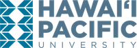 The image shows the logo of Hawai'i Pacific University. On the left, there are two blue diamond shapes with patterns inside, and on the right, the university's name "Hawai'i Pacific University" is written in blue capital letters.