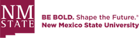 A maroon logo reads "NM State" with a tagline beside it that says, "BE BOLD. Shape the Future. New Mexico State University.