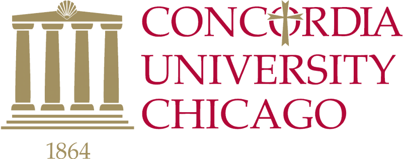 Concordia University Chicago logo with gold columns and a shell on the left, and red text reading "Concordia University Chicago" with a cross in the letter O, plus the year 1864 below the columns.
