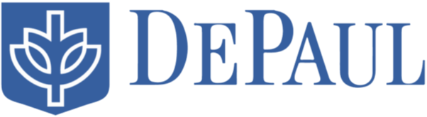 DePaul University logo featuring a blue shield with a stylized white tree and the word "DePaul" in large blue text to the right.