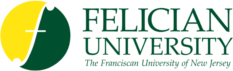 Felician University logo with a green and yellow circular emblem featuring a stylized "f" and the text: "Felician University. The Franciscan University of New Jersey.