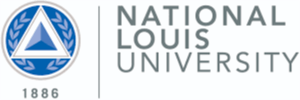 Logo of National Louis University featuring a blue and white circular emblem with a triangle and laurel, alongside the text "National Louis University 1886" in gray capital letters.