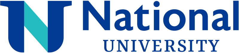 National University logo featuring a large stylized "N" in blue and teal on the left, inspired by North Carolina, with the words "National" in blue and "UNIVERSITY" in smaller blue letters below to the right.