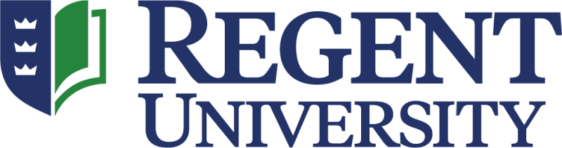 Regent University logo with a blue shield featuring three white crowns and a green book, alongside the words “Regent University” in large blue letters.