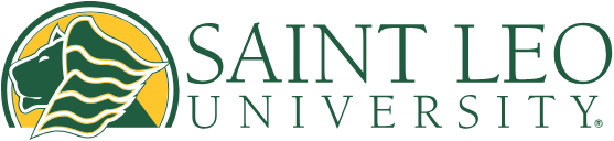 Saint Leo University logo with a stylized lion head in green and gold on the left, and the words "Saint Leo University" in green capital letters on the right.