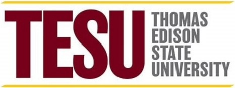 Logo for Thomas Edison State University featuring large maroon letters "TESU" on the left and "Thomas Edison State University" in gray stacked text on the right, all framed by thin gold lines above and below.