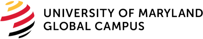 Logo of the University of Maryland Global Campus featuring a colorful globe-like swirl in red, yellow, black, and white, next to the text "University of Maryland Global Campus" in bold, black letters.