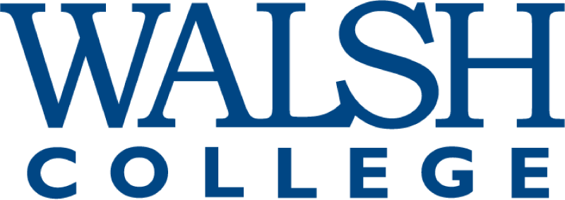 The logo for Walsh College features the words "WALSH COLLEGE" in bold, blue, uppercase letters on a white background.